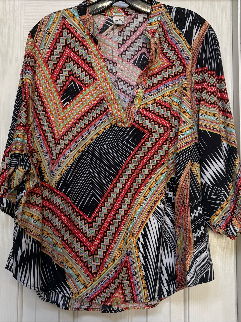 ivy jane Black Boho Geo V-Neck Blouse with Red & Yellow Accents